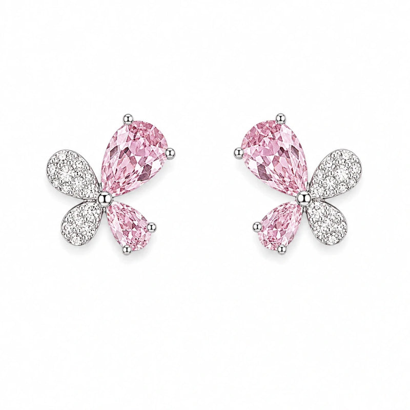 Pink butterfly crystal stud earrings, 925 silver with clear pavé and pink stones
