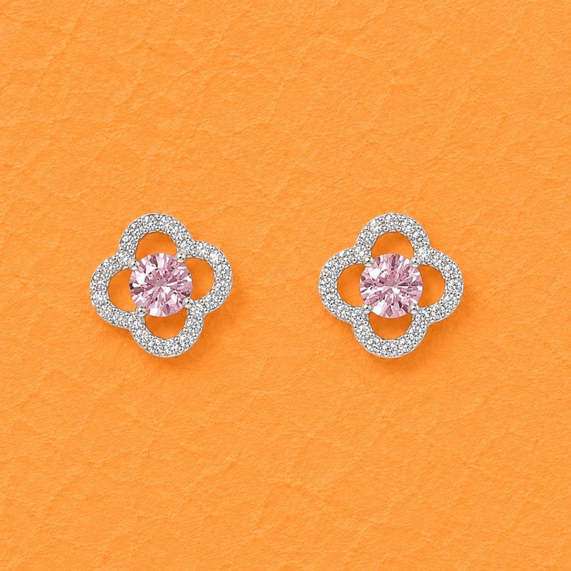 Pink crystal floral stud earrings in 925 silver, glittering halo around center