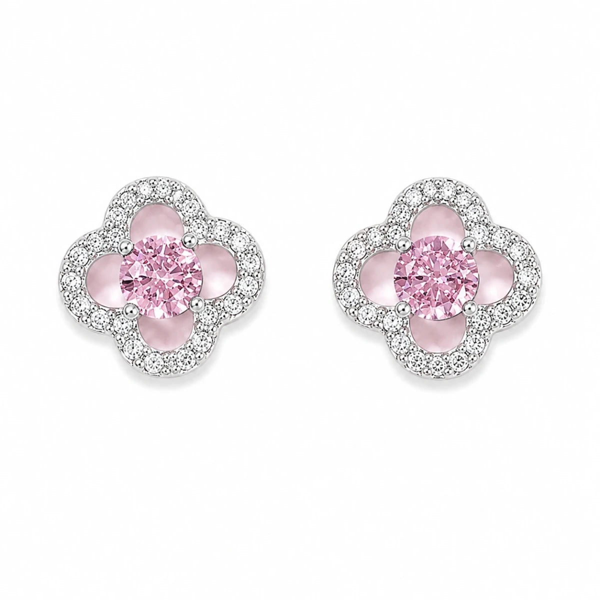 Pink Crystal Floral Studs | 925 Sterling Silver - Silvorn India