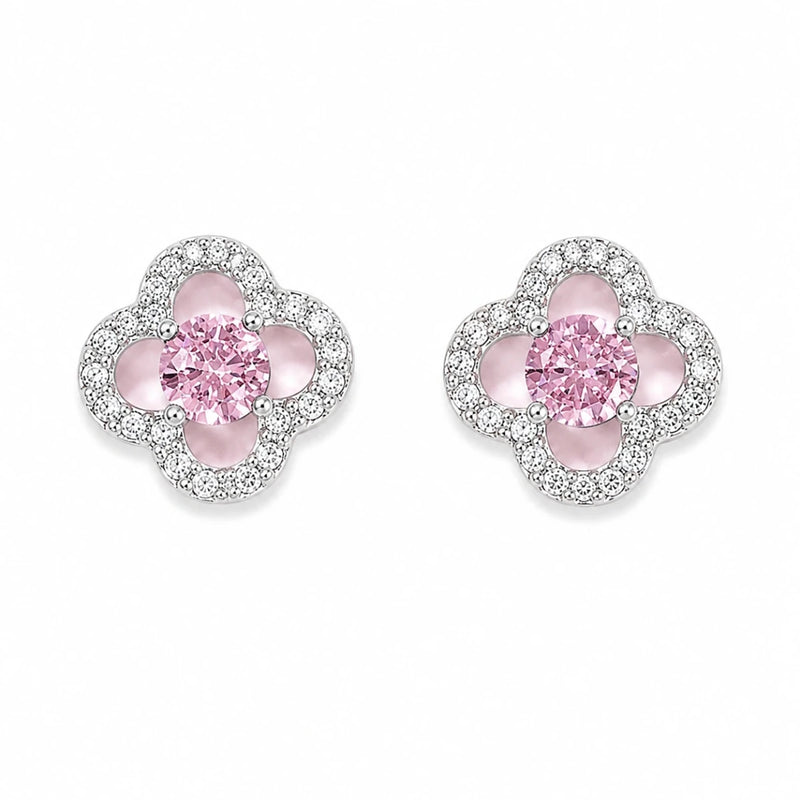 925 silver clover-style stud earrings with pink crystal and clear pavé halo