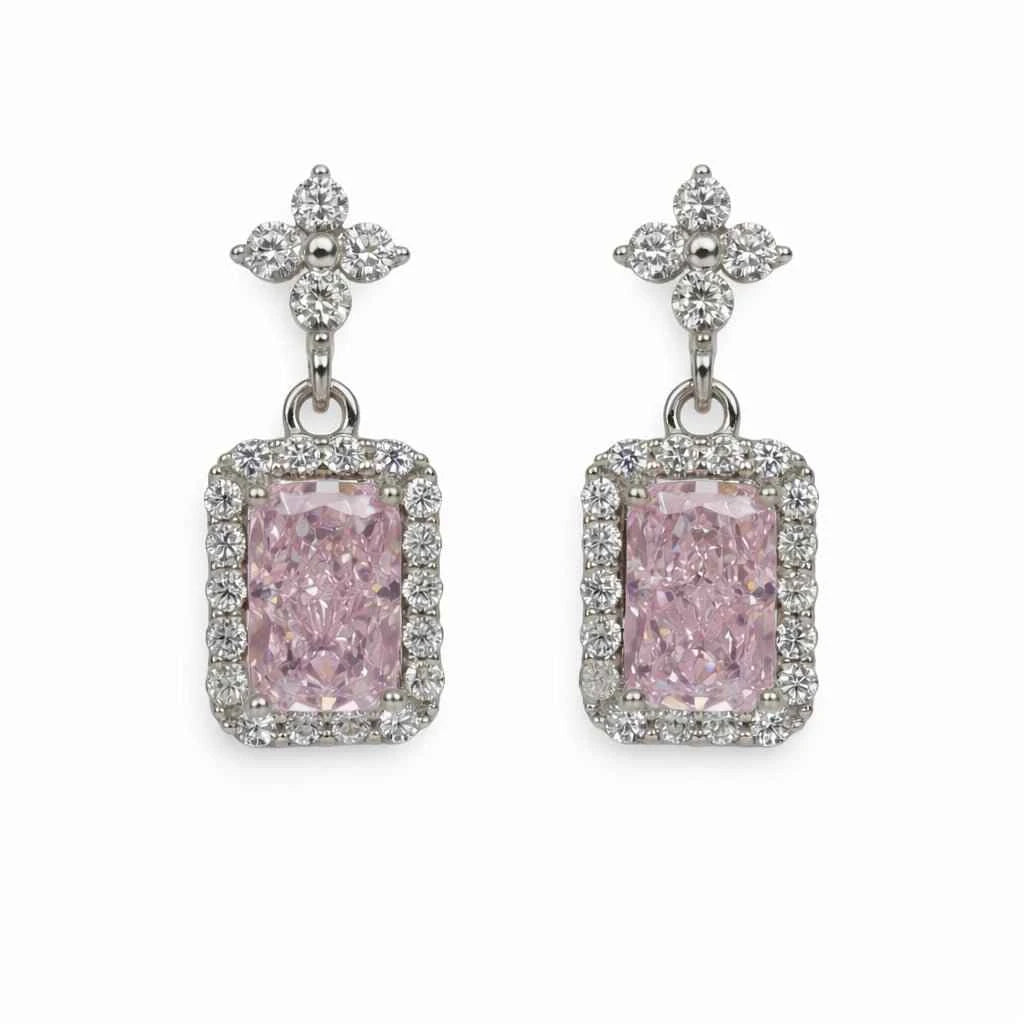 Pink Halo Cushion Drop Earrings