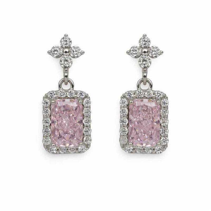 Silver cushion drop earrings with pink square stones, crystal halo and dangling studs