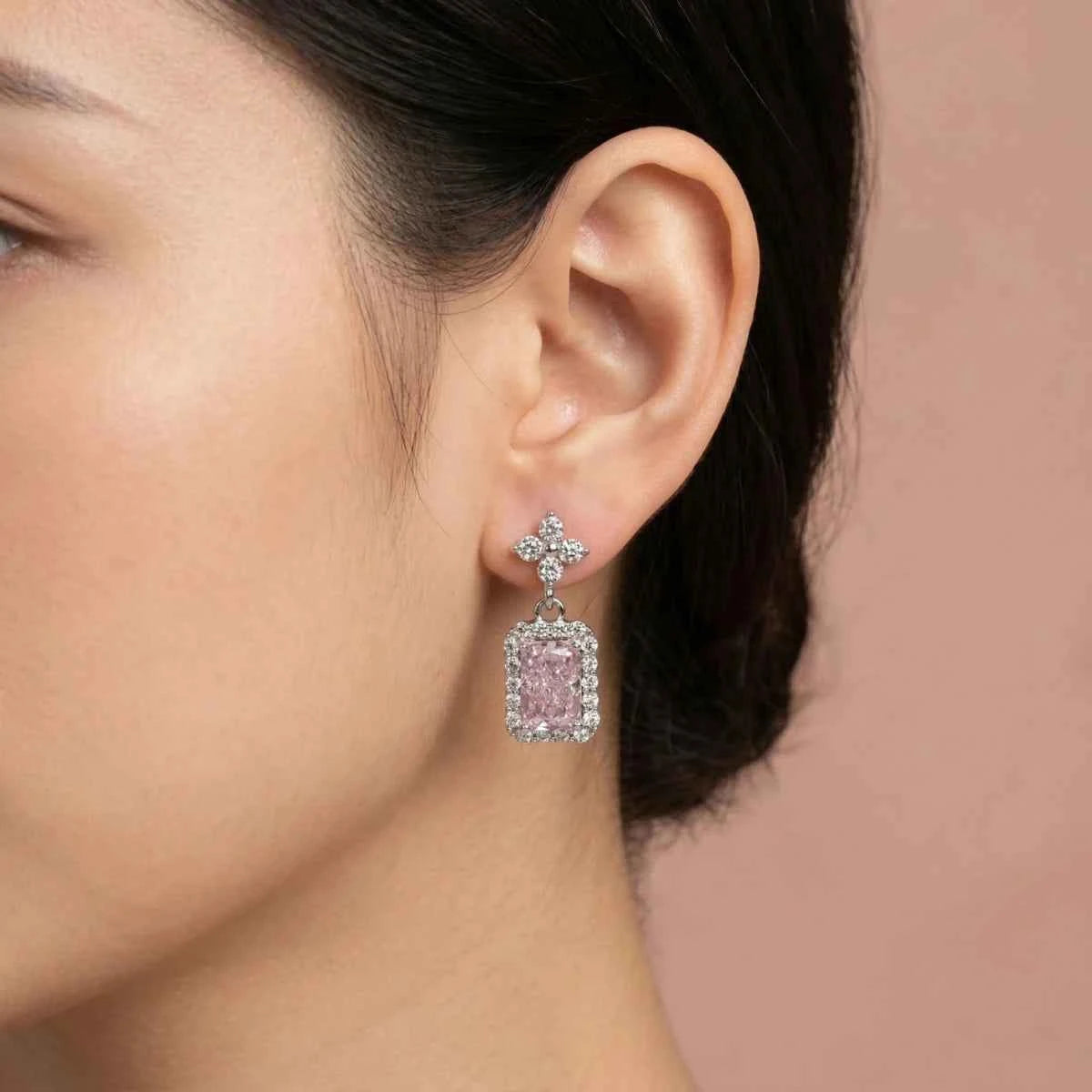 Pink Halo Cushion Drop Earrings
