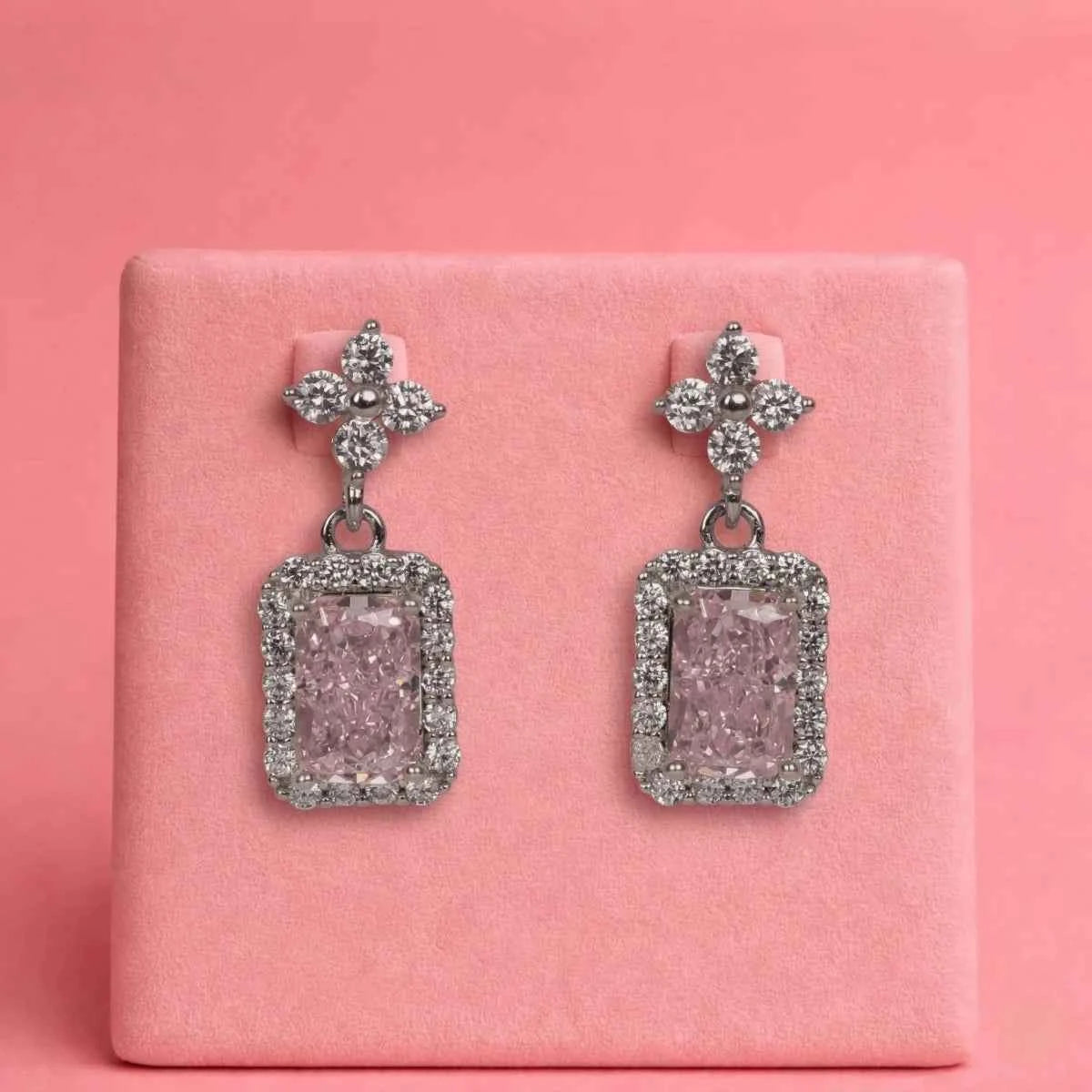Pink Halo Cushion Drop Earrings