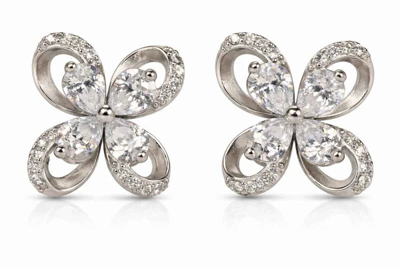 Silver 925 flower stud earrings with four leaf clear crystal stones.