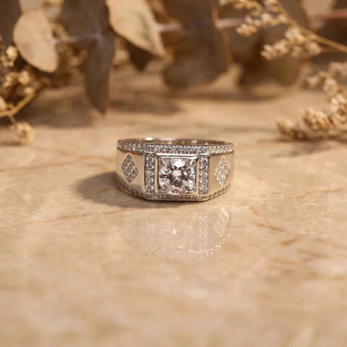 Premium Men's Silver Ring with Round Brilliant Center Stone - Silvorn India