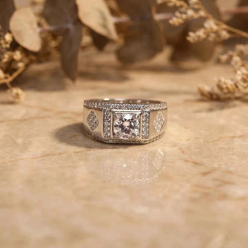 Premium Men's Silver Ring with Round Brilliant Center Stone