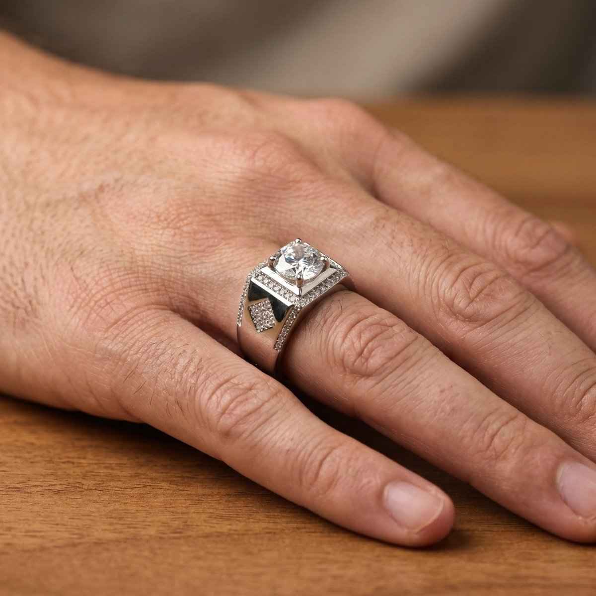 Premium Men's Silver Ring with Round Brilliant Center Stone - Silvorn India