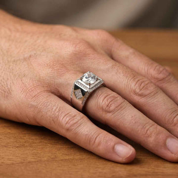 Premium Men's Silver Ring with Round Brilliant Center Stone