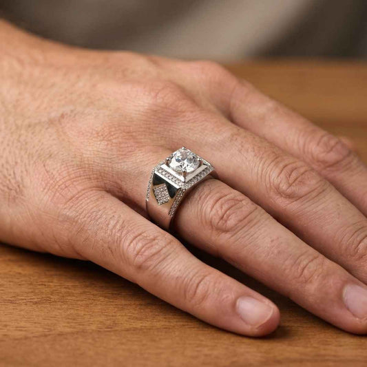 Premium Men's Silver Ring with Round Brilliant Center Stone - 925 Silver Jewelery