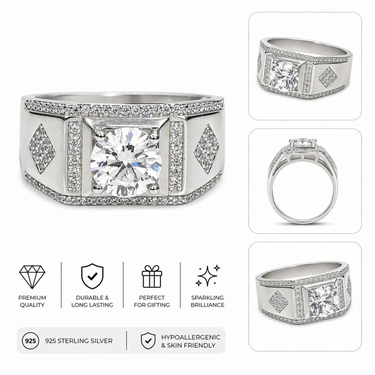 Premium Men's Silver Ring with Round Brilliant Center Stone - Silvorn India