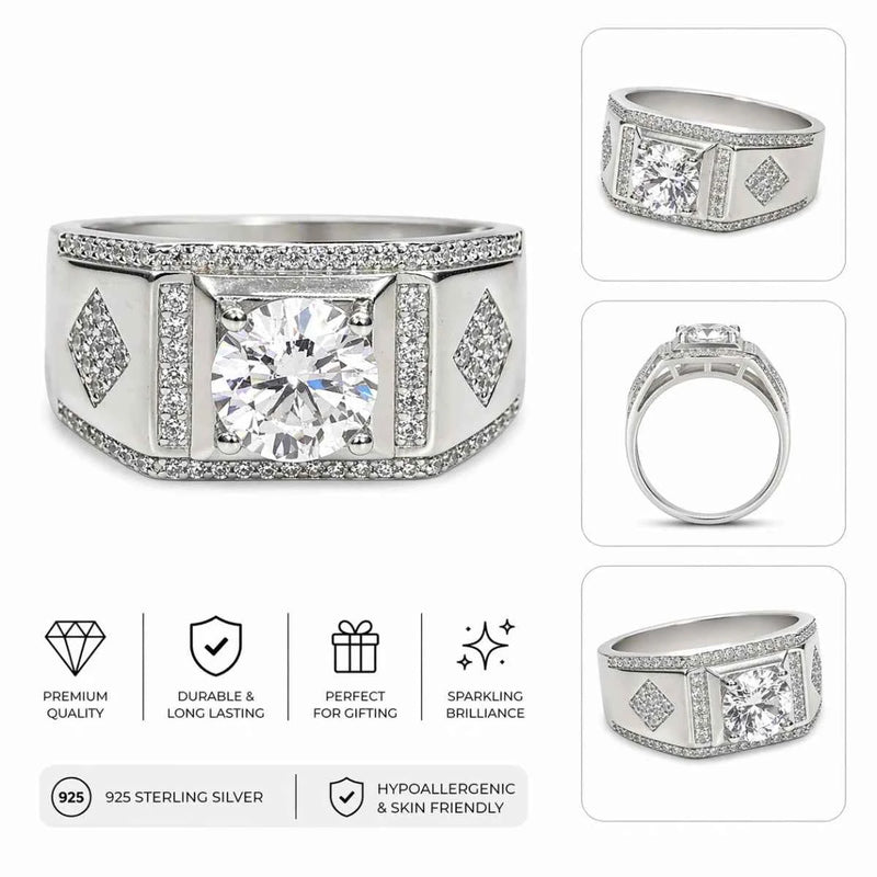 Silver ring with large square bezel and round center diamond, pavé borders