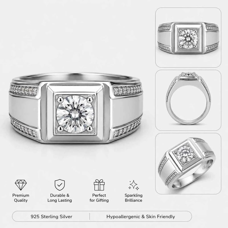 Sterling silver square-set ring with central gem and pave stones on bezel
