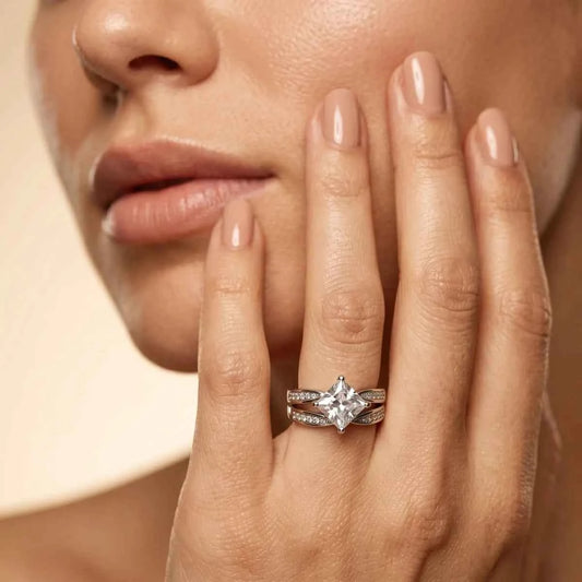 Princess Cut Solitaire Sterling Silver Ring Set with Twisted Pave Band - 925 Silver Jewelery