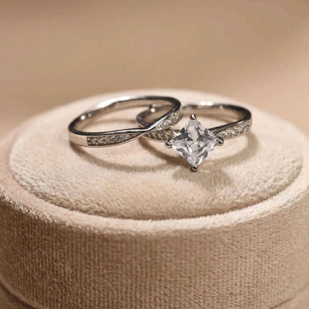 Princess Cut Solitaire Sterling Silver Ring Set with Twisted Pave Band - Silvorn India