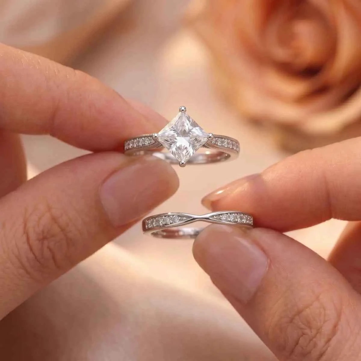 Princess Cut Solitaire Sterling Silver Ring Set with Twisted Pave Band - Silvorn India