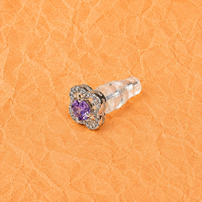 925 silver clover stud earrings with purple crystal center and glittering halo