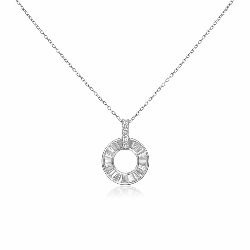 925 silver circle halo pendant necklace with baguette-style stone ring