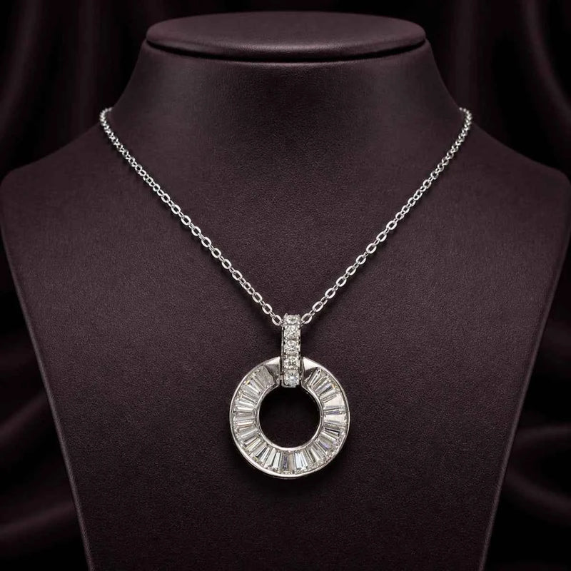 Silver chain necklace with round halo pendant and baguette-style pavé ring