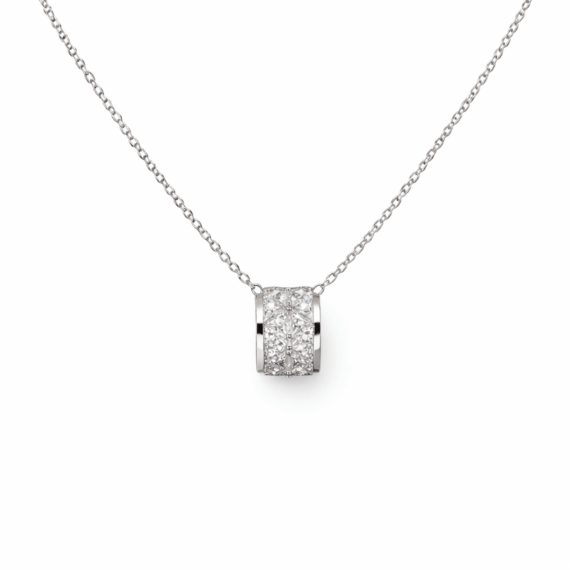 925 silver cylinder pendant necklace with square pave crystal centerpiece