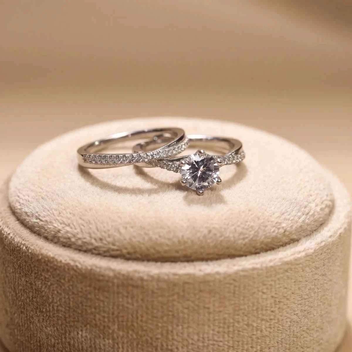 Radiant Silver Zirconia Bridal Ring Set with Curved Stack Band - Silvorn India
