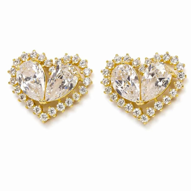 Heart stud earrings with clear zircon stones in gold-tone and silver setting
