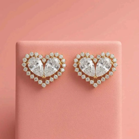 Radiant Twin Heart Zircon Gold Stud Earrings - 925 Silver Jewelery