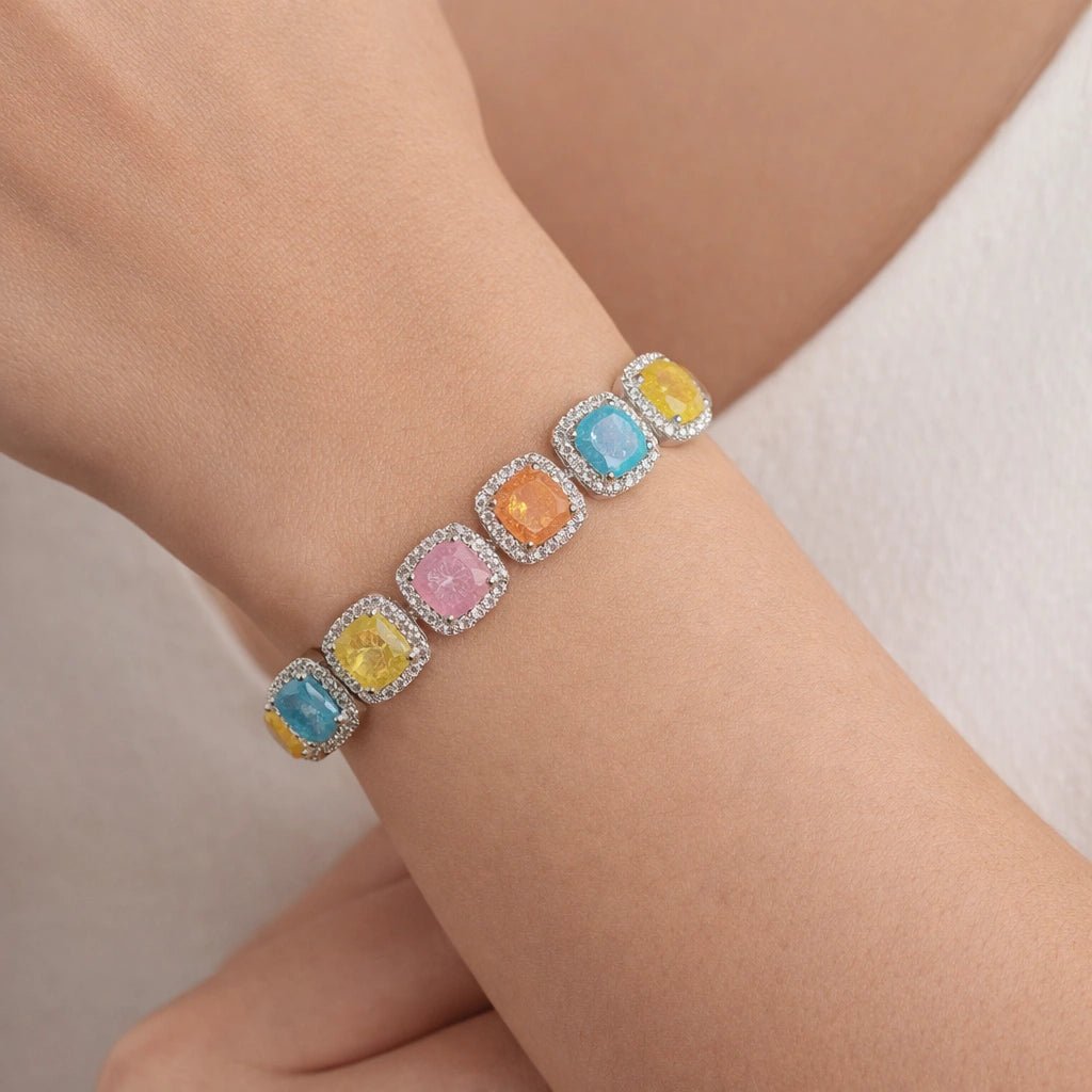 Rainbow Kaleidoscope Cushion Halo Statement Bracelet - Silvorn India