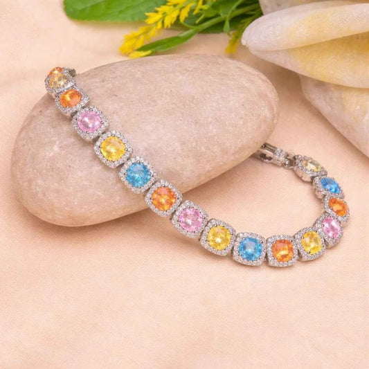 Rainbow Kaleidoscope Cushion Halo Statement Bracelet - 925 Silver Jewelery