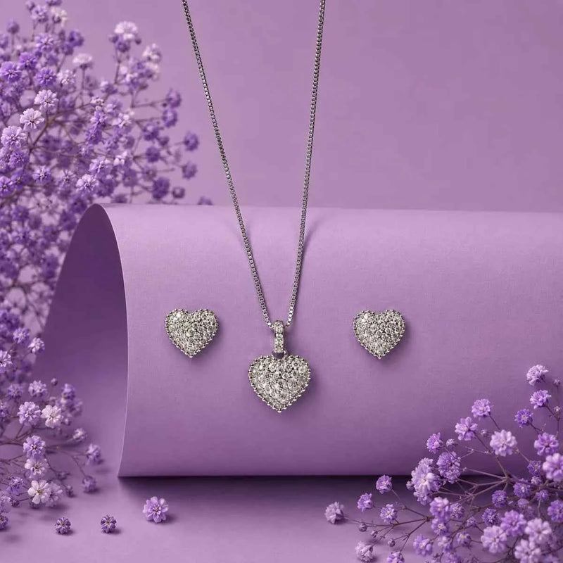 Silver crystal heart pendant set with matching heart earrings and double-heart necklace charm