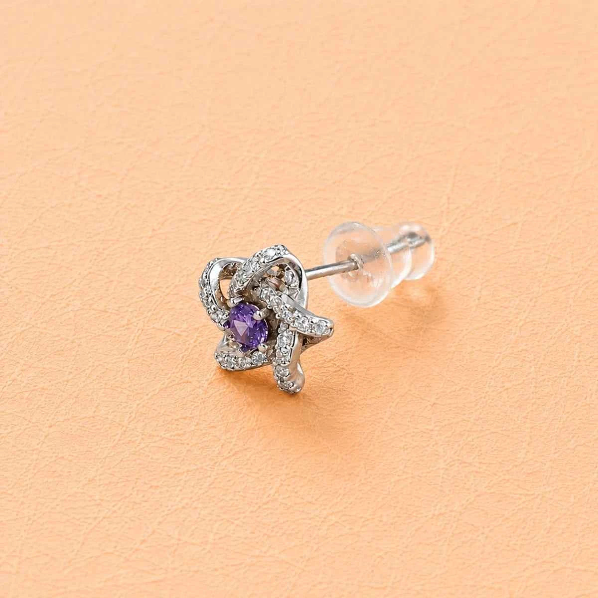 925 silver rose stud earrings with purple center cubic zirconia and stone halo