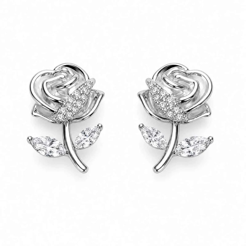 Silver rose cubic zirconia stud earrings, pair shown front view with leaf drops