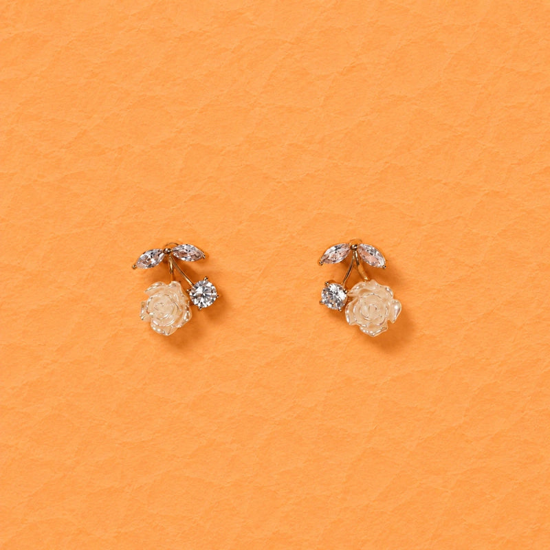 Rose blossom crystal stud earrings in 925 silver, two clear floral clusters