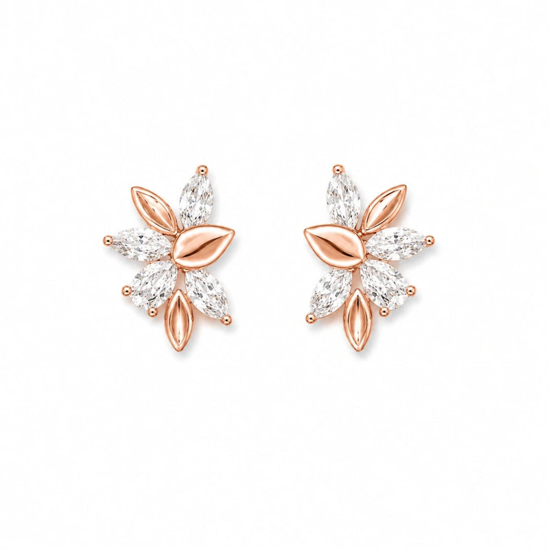 Pair of blossom crystal stud earrings with rose-gold petal accents and clear stones