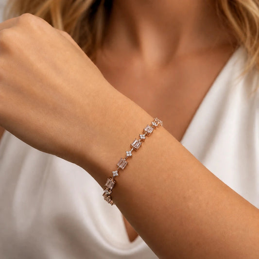 Rose Gold Blossom Emerald Tennis Bracelet - 925 Silver Jewelery