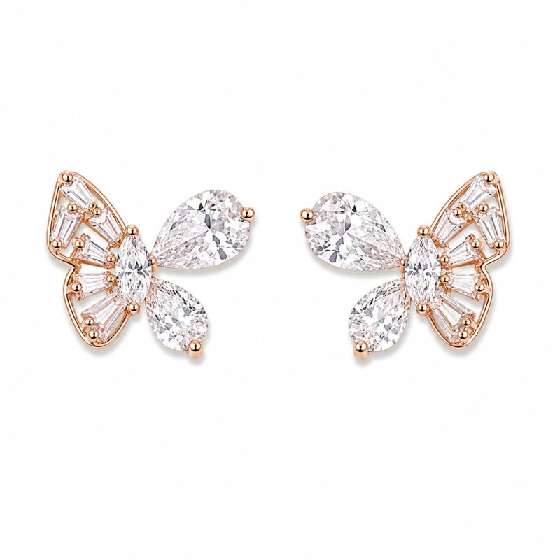 Crystal butterfly stud earrings with rose gold settings and clear stones, pair