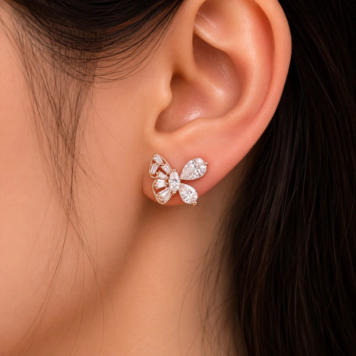 Rose Gold Crystal Butterfly Studs - Silvorn India