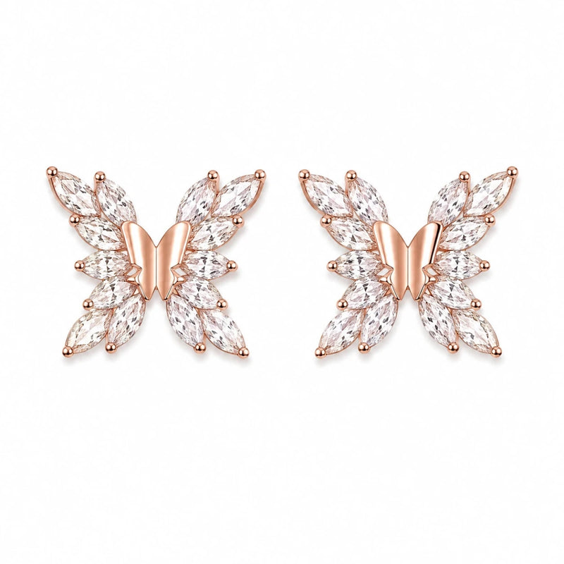 Butterfly stud earrings with CZ stones and rose-gold center, pair view