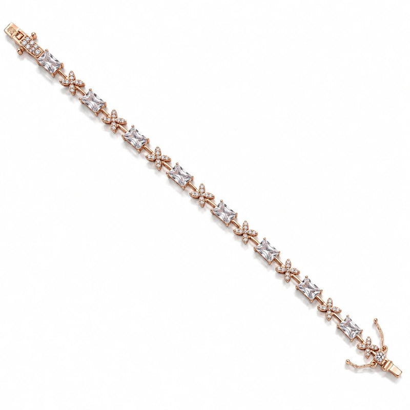 Tennis bracelet with rose-gold and silver floral link pattern and clear stones