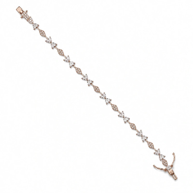 Rose gold heart tennis bracelet with pavé hearts and clear stones, 925 silver chain