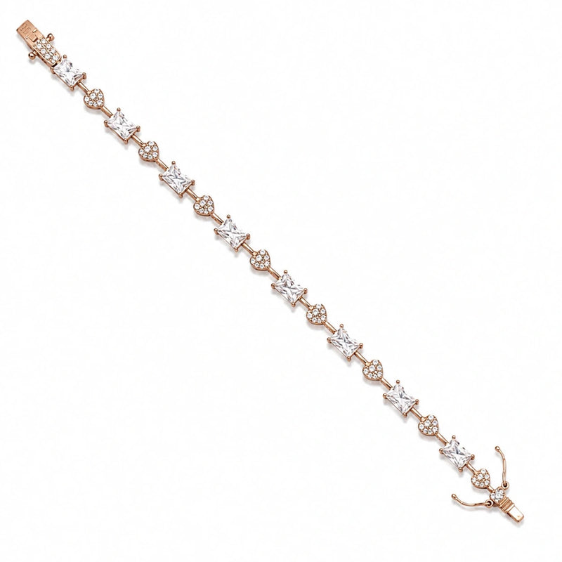 Rose gold tennis bracelet with heart link stations and square crystal stones, adjustable clasp