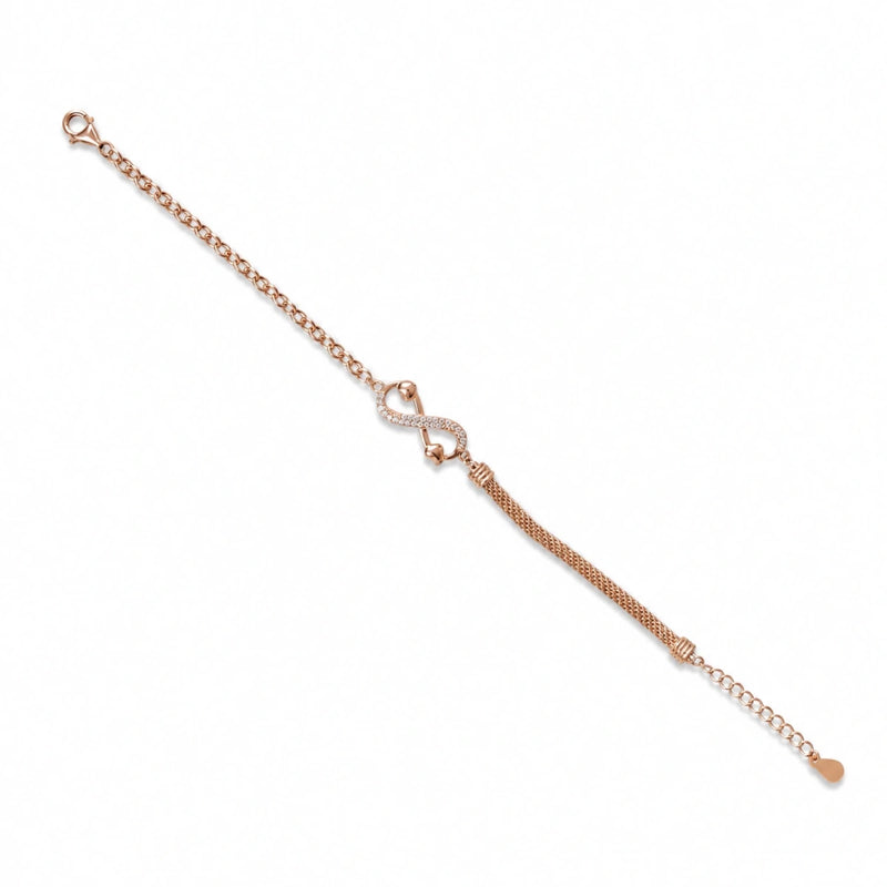 Infinity drape bracelet in rose gold 925 silver with double chain and infinity centerpiece