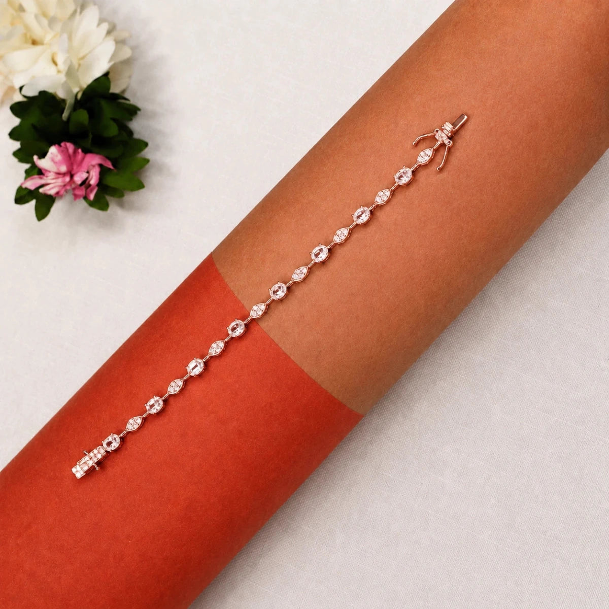 Rose Gold Oval Bloom Tennis Bracelet - Silvorn India