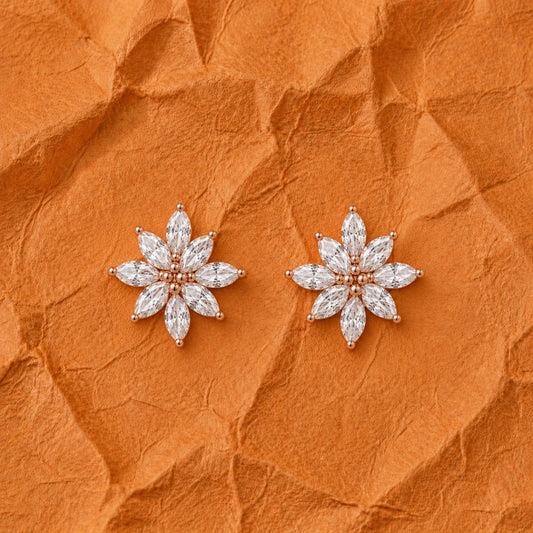 Rose Gold Snowflake Bloom Crystal Studs - 925 Silver Jewelery