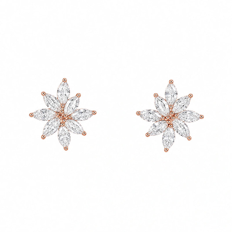 Snowflake crystal stud earrings with rose-gold accents on 925 silver, pair view