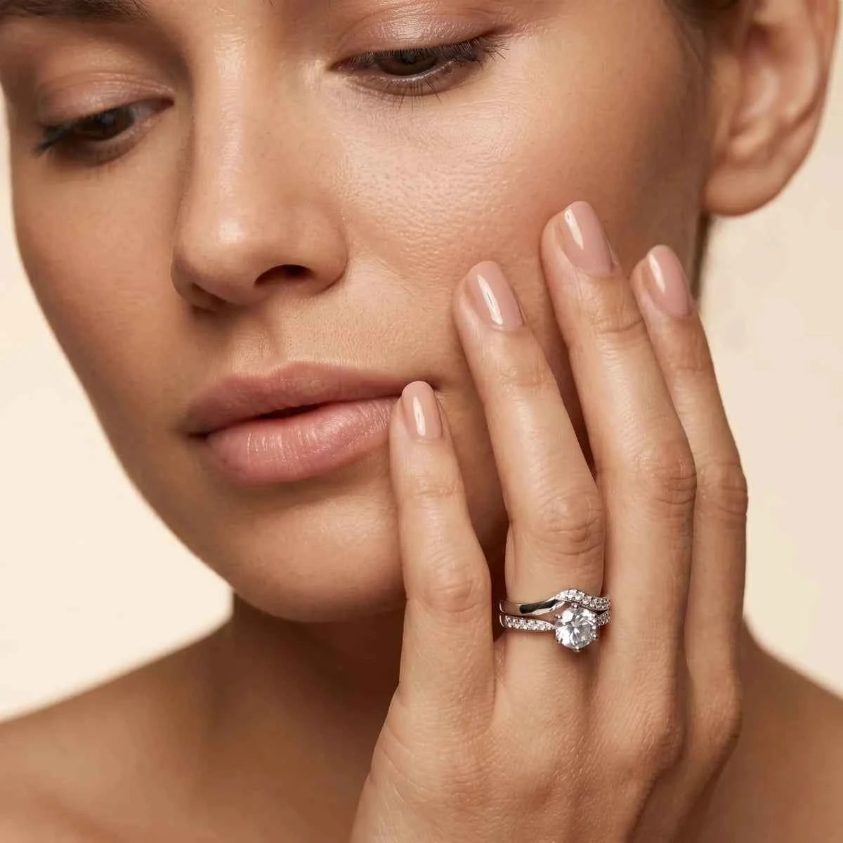 Round Cut Solitaire Sterling Silver Ring Set with Curved Pave Band - Silvorn India