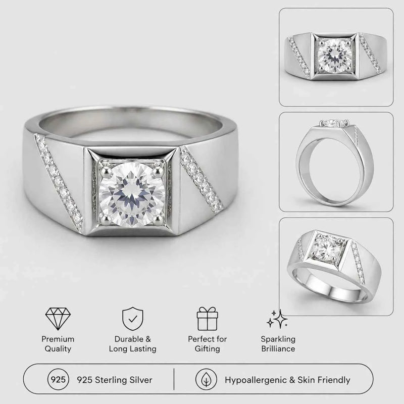 Sterling silver crest ring with square center stone and prong-set side stones