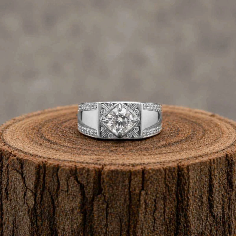 Sterling silver statement ring with round center stone in geometric pavé setting