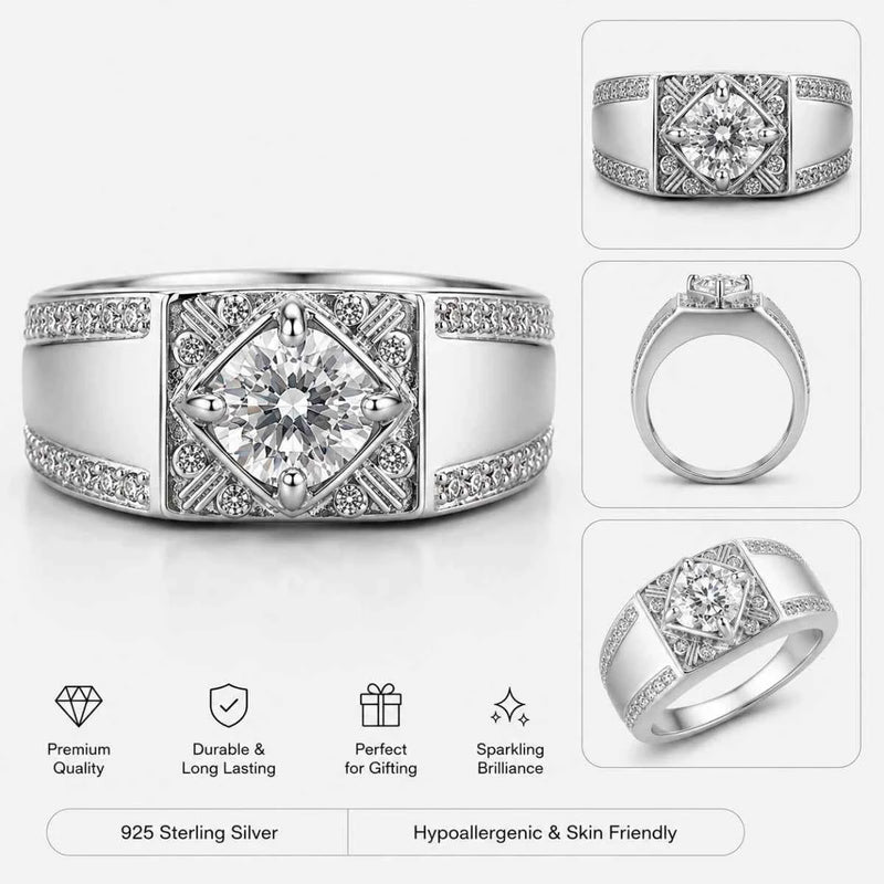 Sterling silver statement ring with large square center stone and pavé band