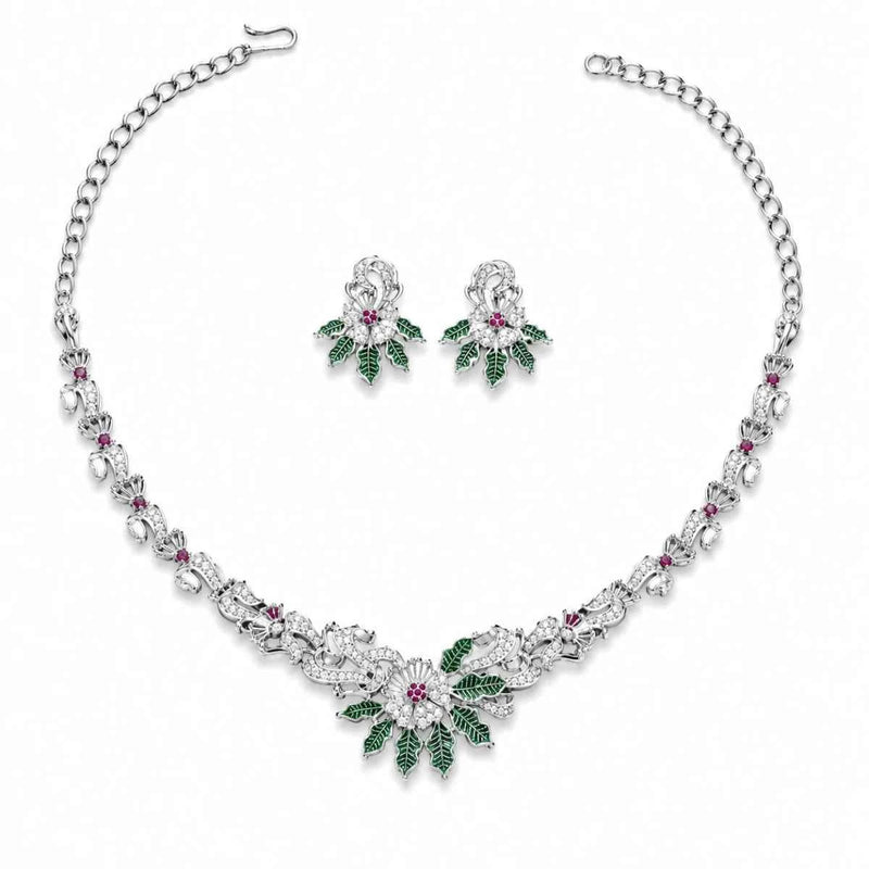 Floral 925 silver necklace and stud earrings with green enamel and pink accents